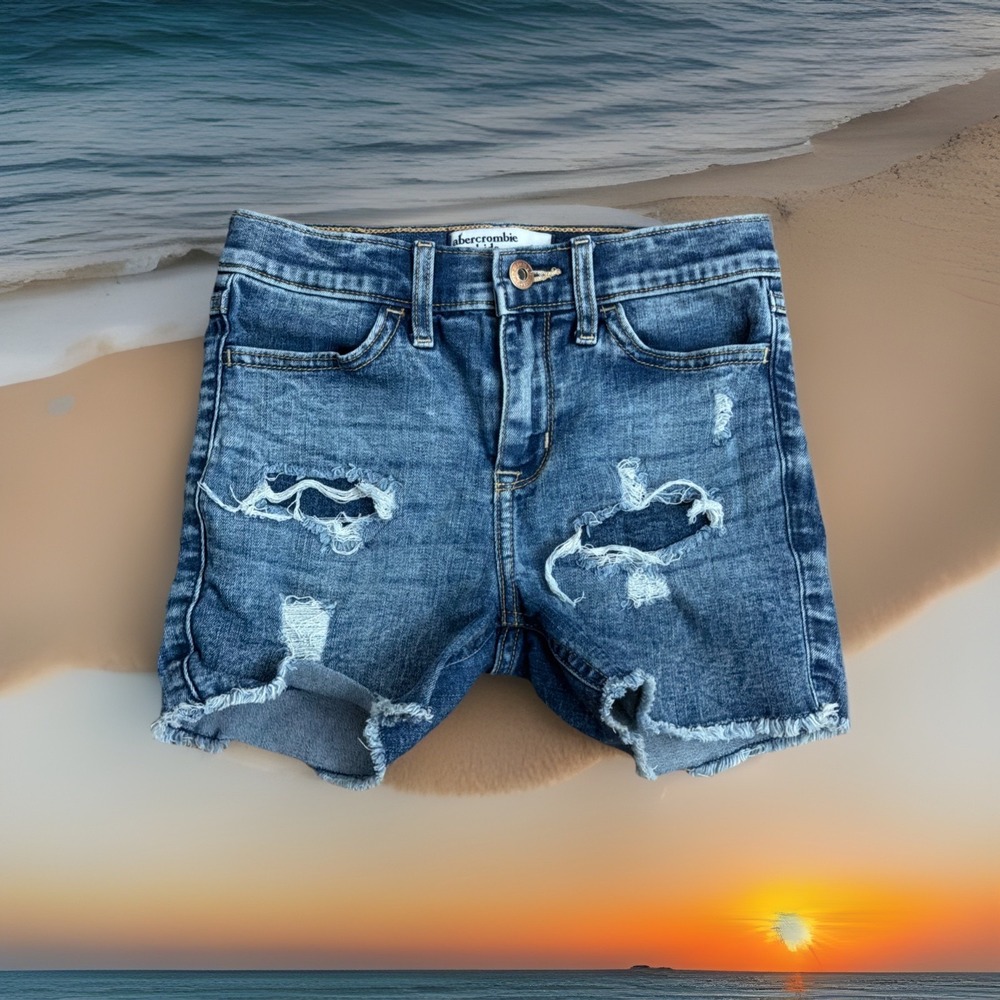 Abercrombie Kids Sz 9/10 High Rise Bike Jeans Shorts Destroyed EUC